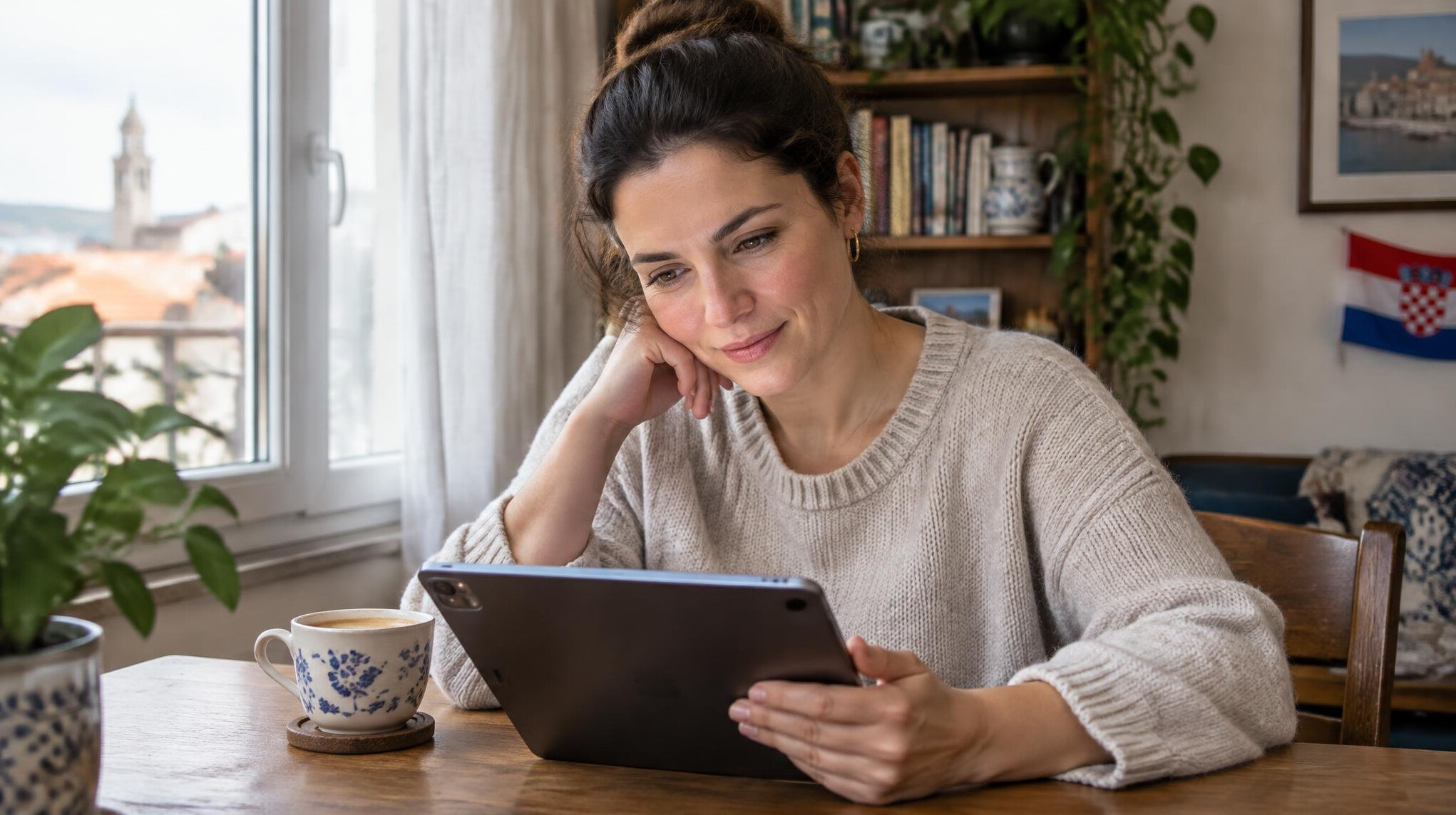 Person relaxed at a table reading content on a tablet with a cup of coffee