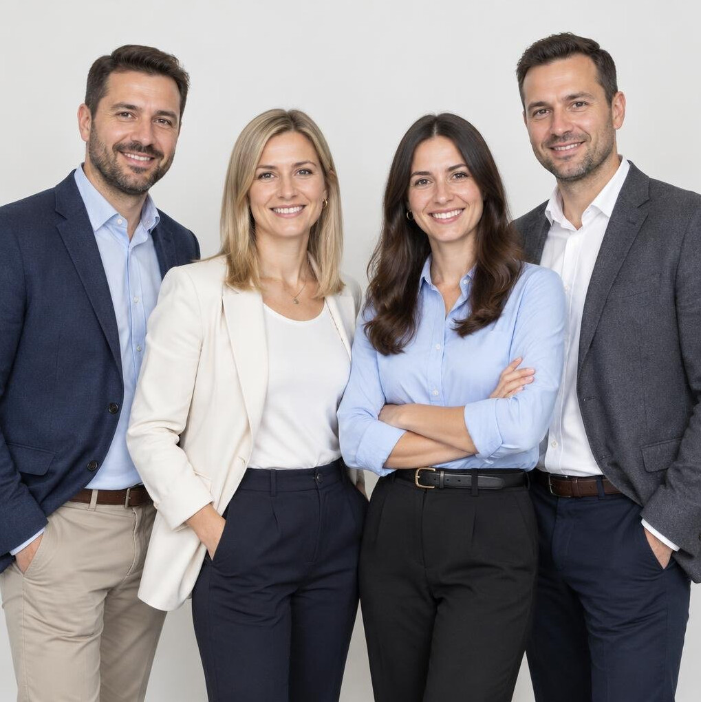 Group of four professional colleagues standing together and smiling